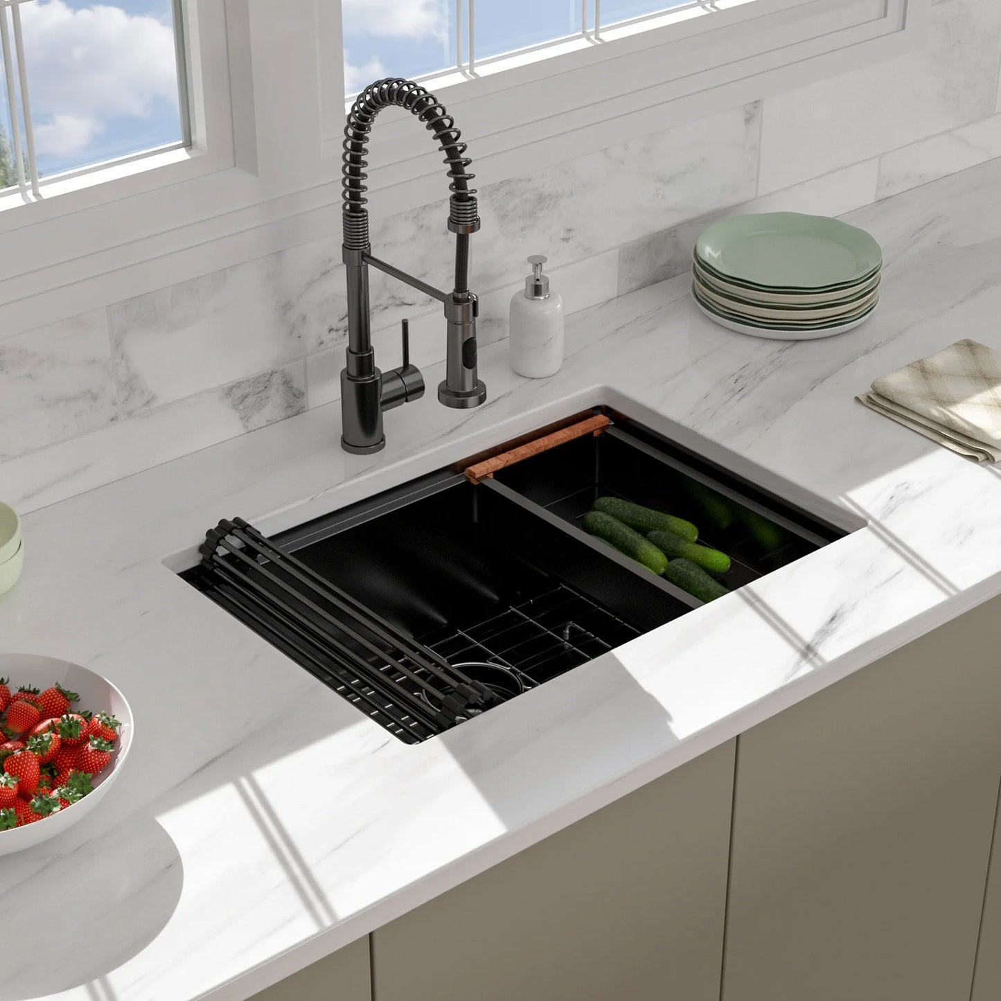 Stainless Steel Single Kitchen Sink - 28 Undermount Kitchen Sink, 28"x18" Cutting Board, Draining Station