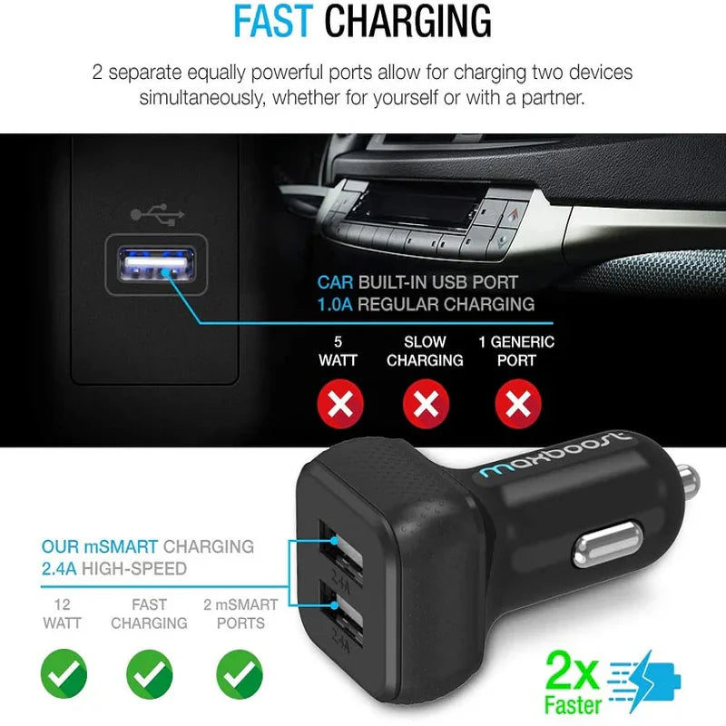 High Speed USB Car Charge - 24W 2-Port, Universal Car Charger, Suitable for Iphone, Ipad, Android Samsung, Tablets