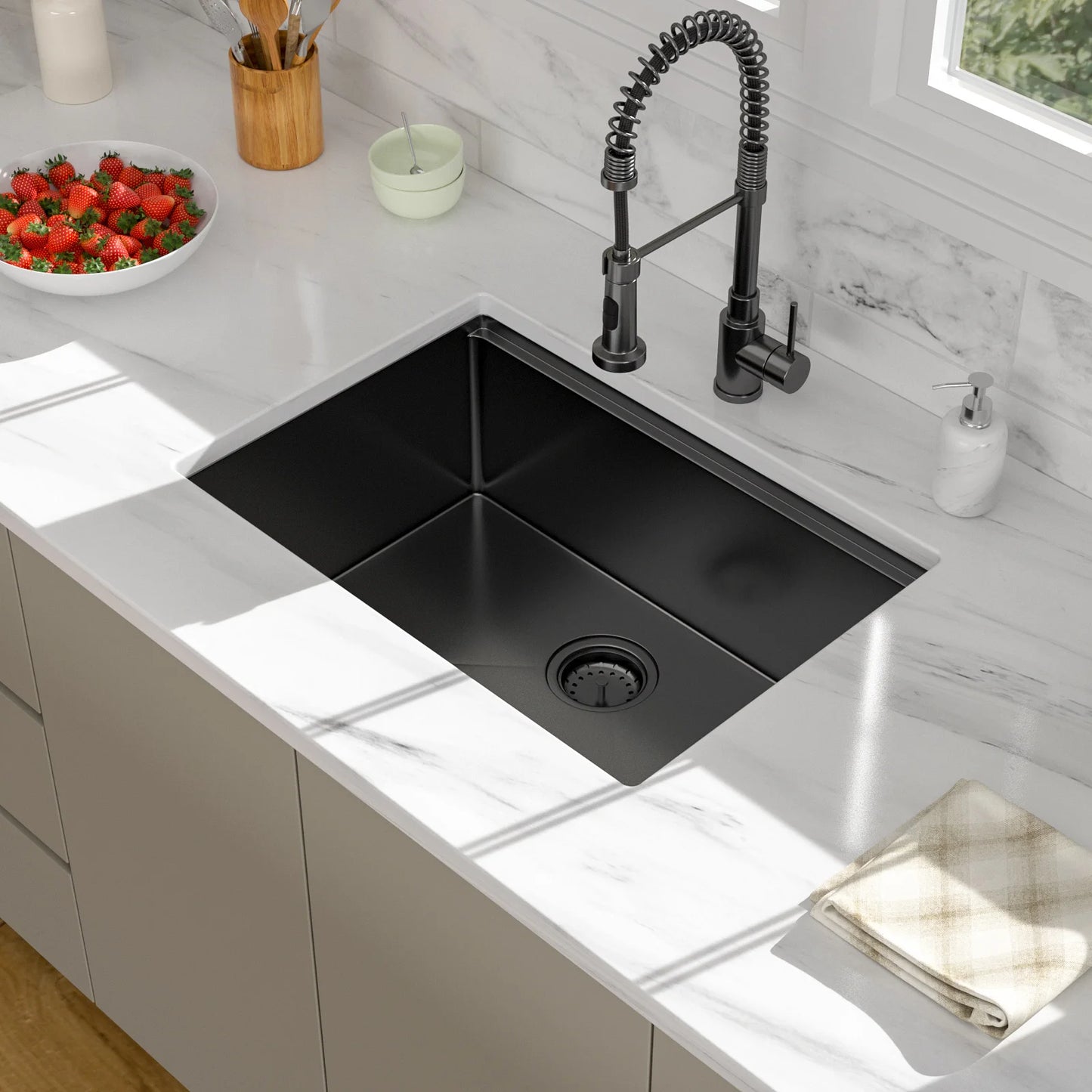 Stainless Steel Single Kitchen Sink - 28 Undermount Kitchen Sink, 28"x18" Cutting Board, Draining Station