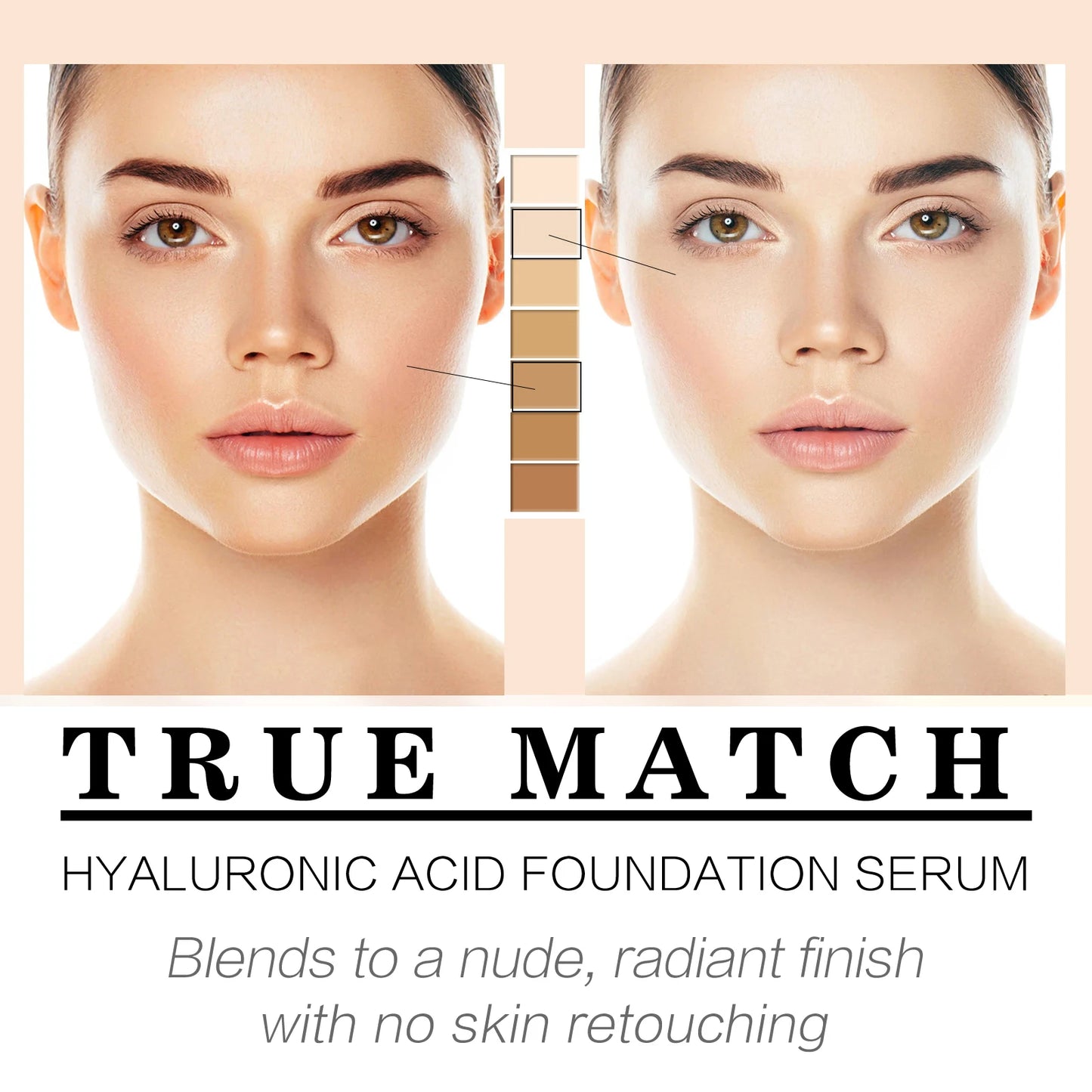 Nude Liquid Foundation with Hyaluronic Acid - Light, Fine, Matte, Durable, Non-Sticking Powder, Waterproof, Transparent