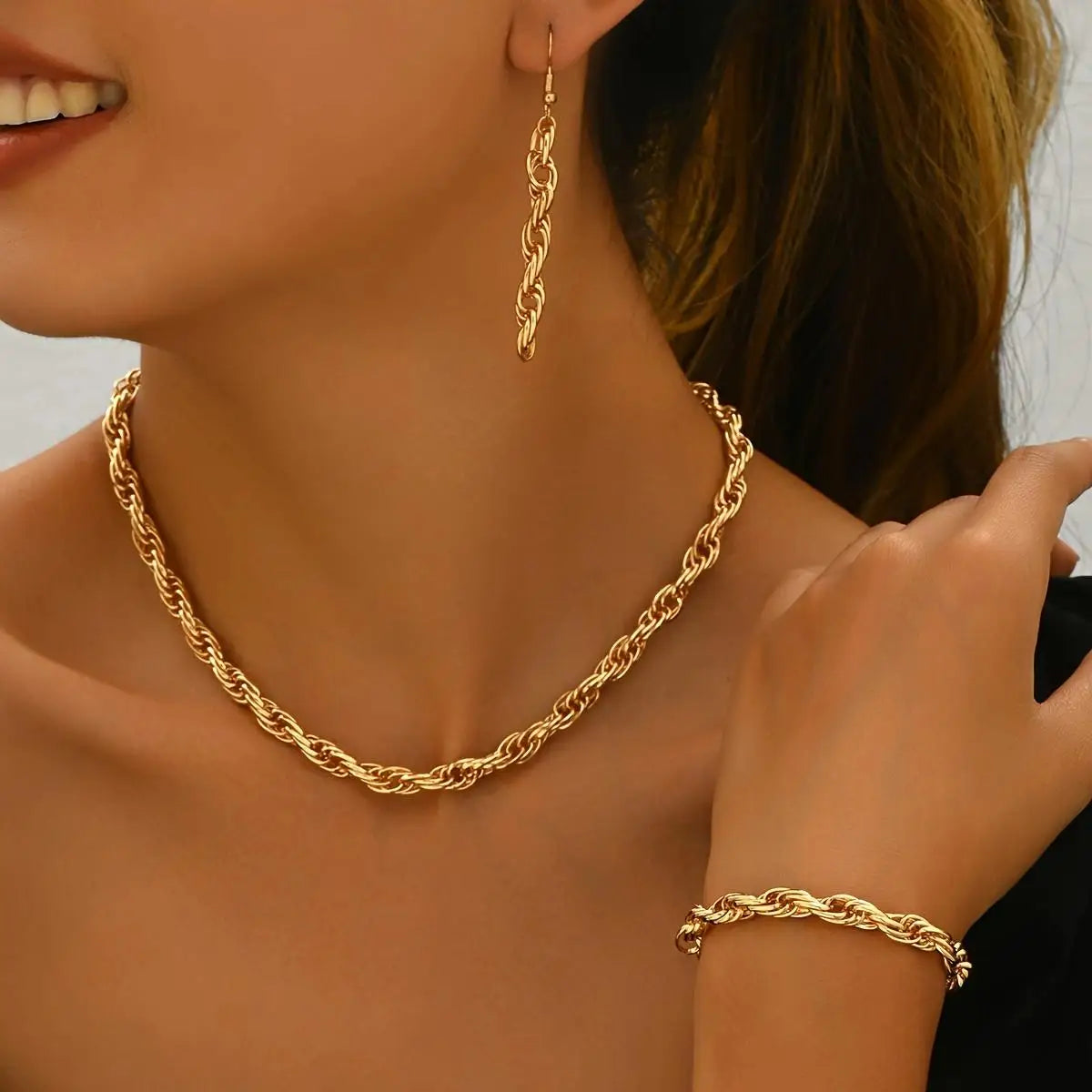 14K Stylish Gold Chain Link Necklace, Bracelet, and Earring Set