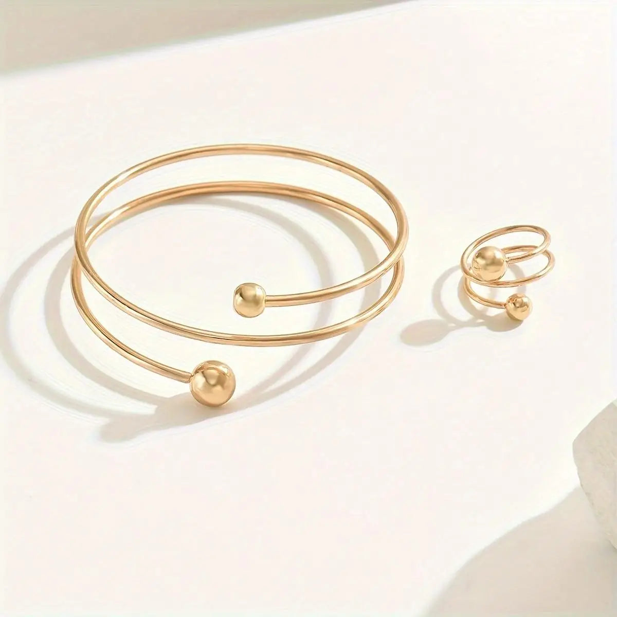 14K Gold Plated Minimalist Bangle and Ring Set