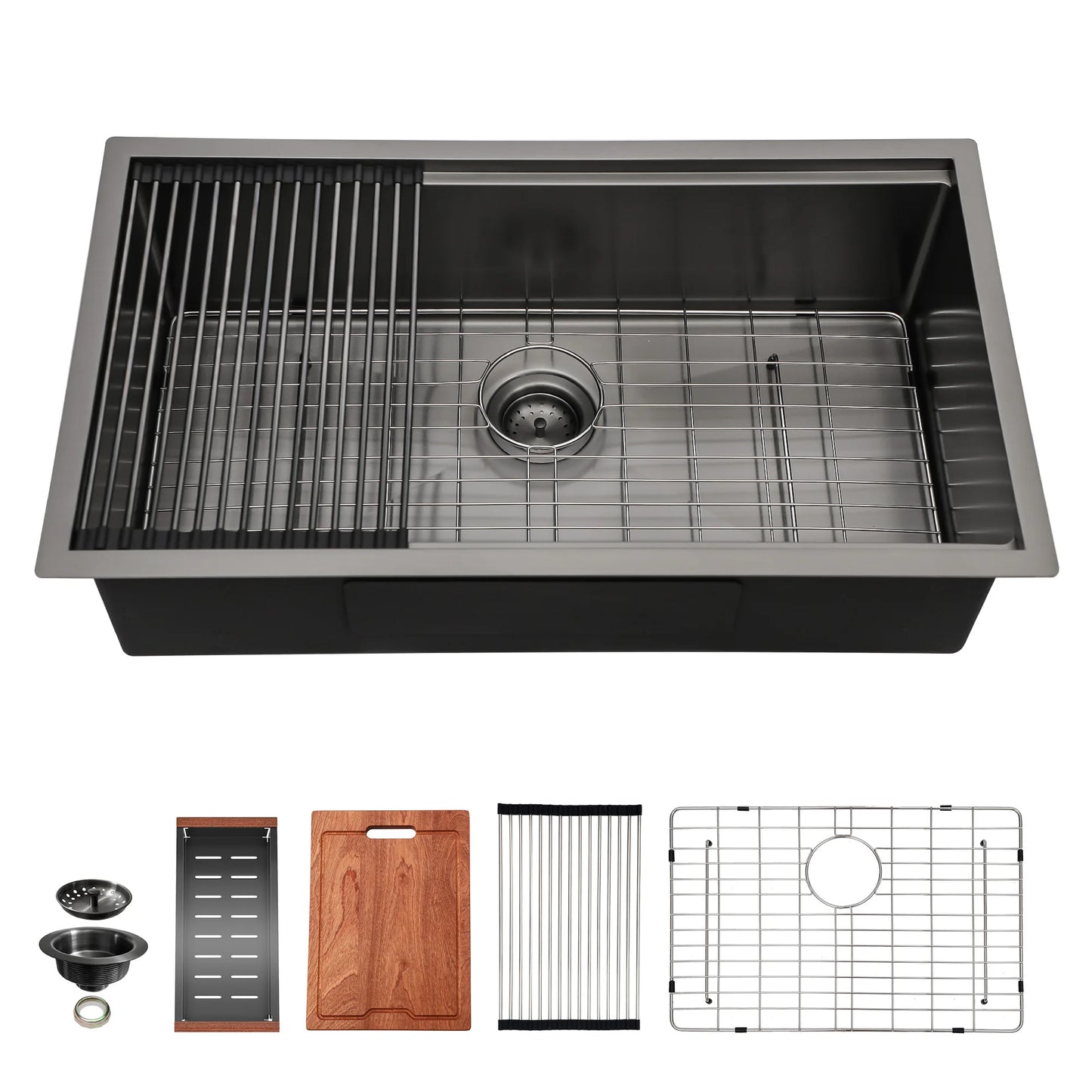 Stainless Steel Single Kitchen Sink - 28 Undermount Kitchen Sink, 28"x18" Cutting Board, Draining Station