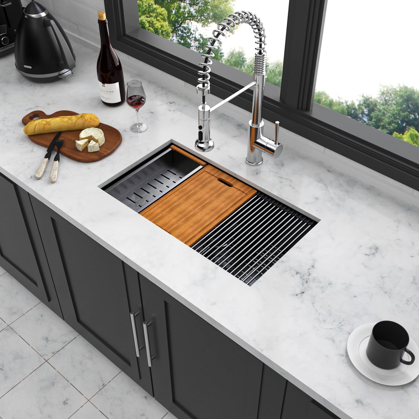 Stainless Steel Single Kitchen Sink - 28 Undermount Kitchen Sink, 28"x18" Cutting Board, Draining Station