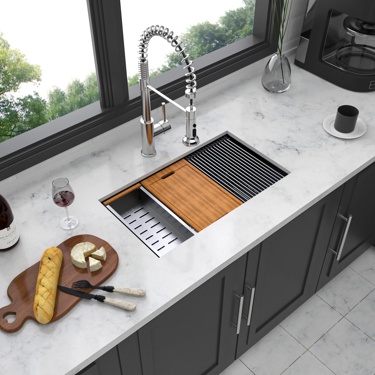 Stainless Steel Single Kitchen Sink - 28 Undermount Kitchen Sink, 28"x18" Cutting Board, Draining Station