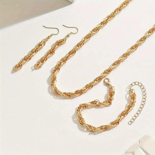 14K Stylish Gold Chain Link Necklace, Bracelet, and Earring Set